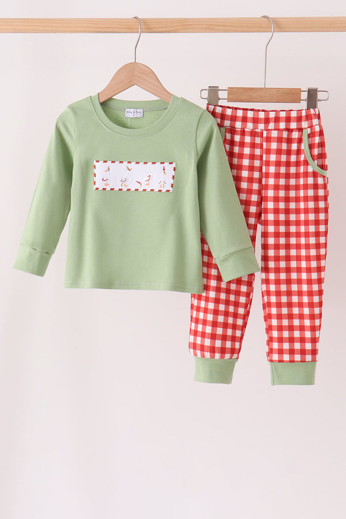 Goose embroidery gingham pants set