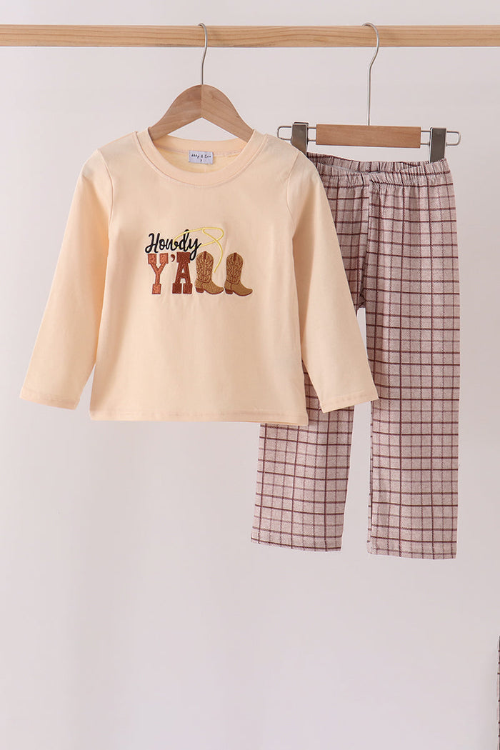 Howdy Y'ALL boots embroidery plaid pants set