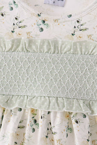 Sage floral smocked ruffle pants set
