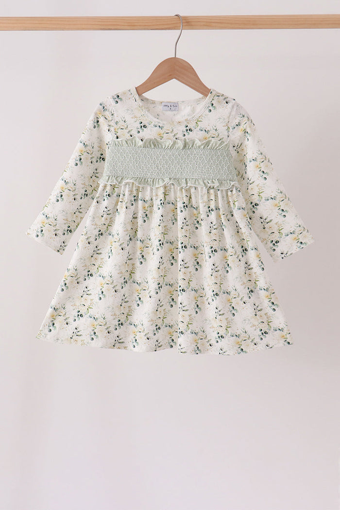 Sage floral smocked ruffle dress
