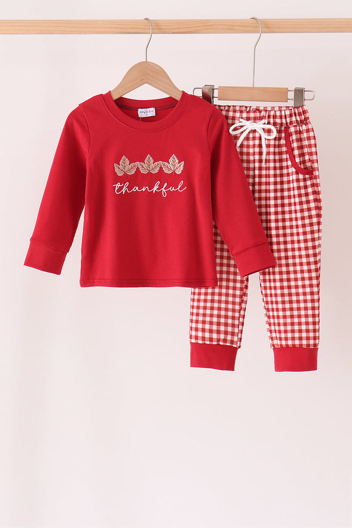 Thankful leaves embroidery gingham pants set