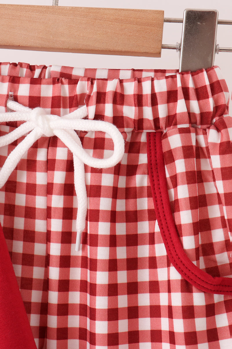 Thankful leaves embroidery gingham pants set