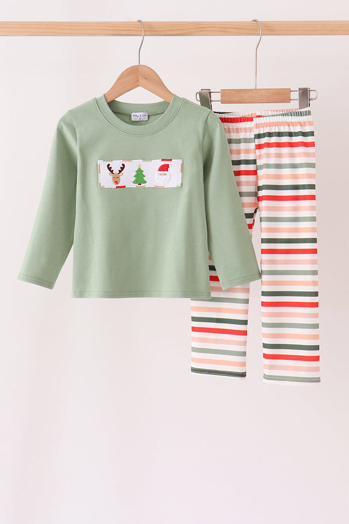 Reindeer Tree Embroidery Stripe Pants Set