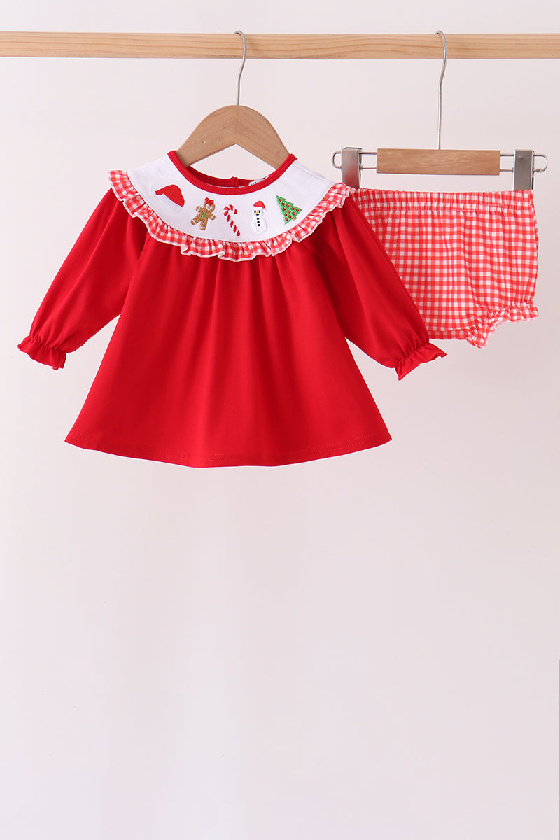 Holly Jolly Embroidery Ruffle Bloomer Set