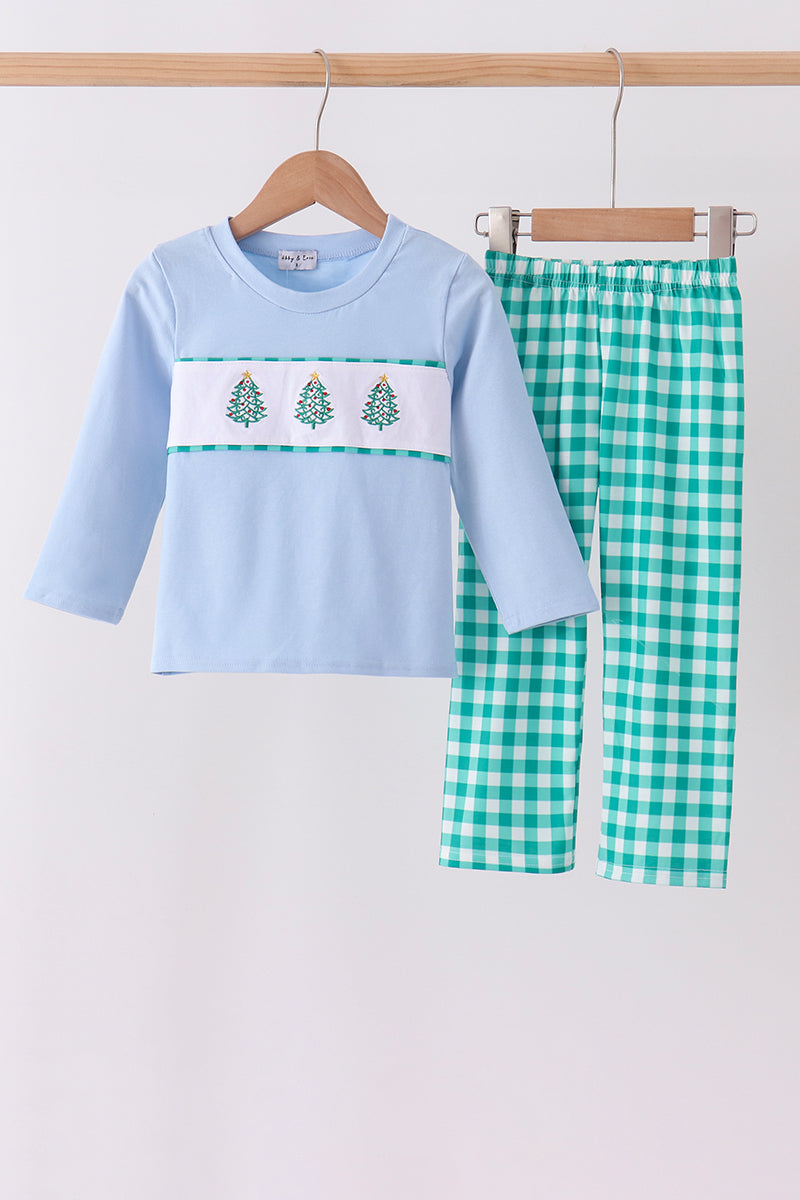 Christmas Tree Embroidery Gingham Pants Set