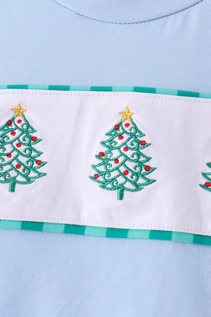 Christmas Tree Embroidery Gingham Pants Set