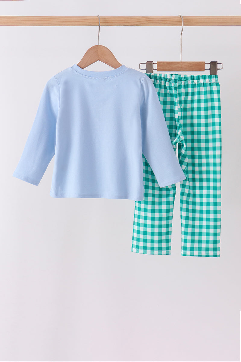 Christmas Tree Embroidery Gingham Pants Set