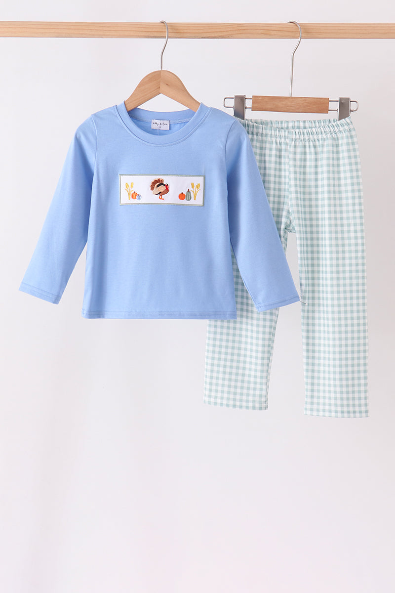 Turkey Embroidery Gingham Pants Set