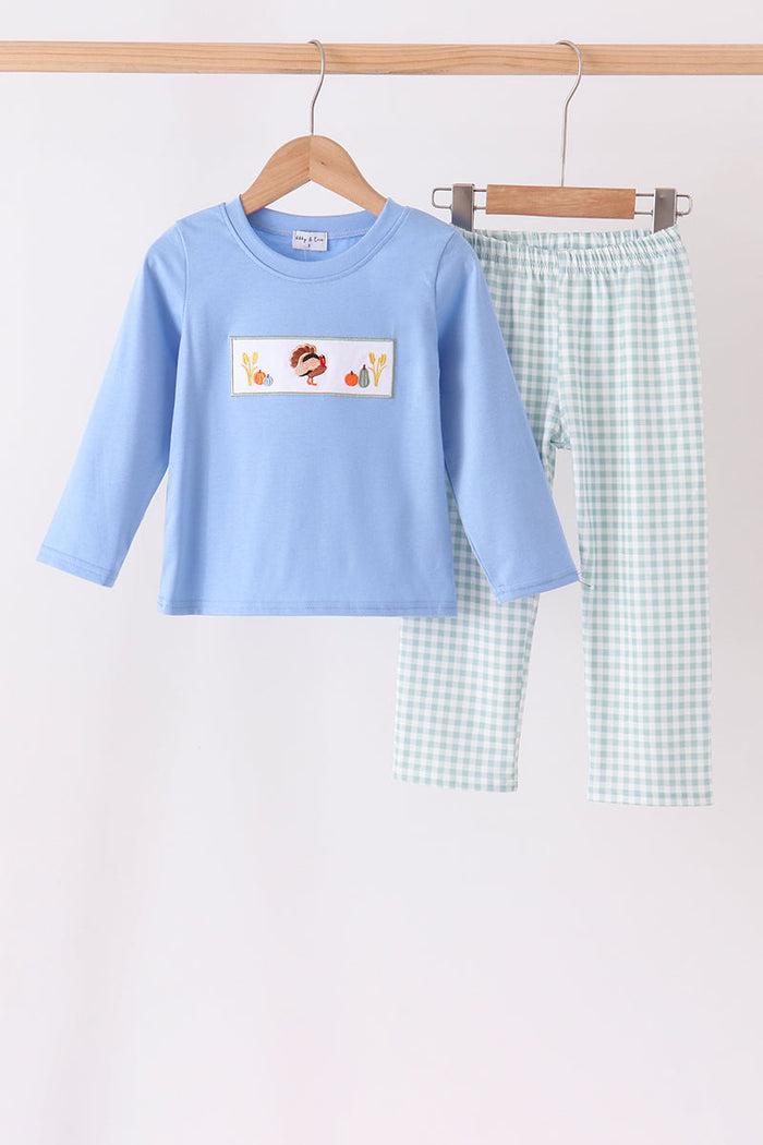 Turkey Embroidery Gingham Pants Set