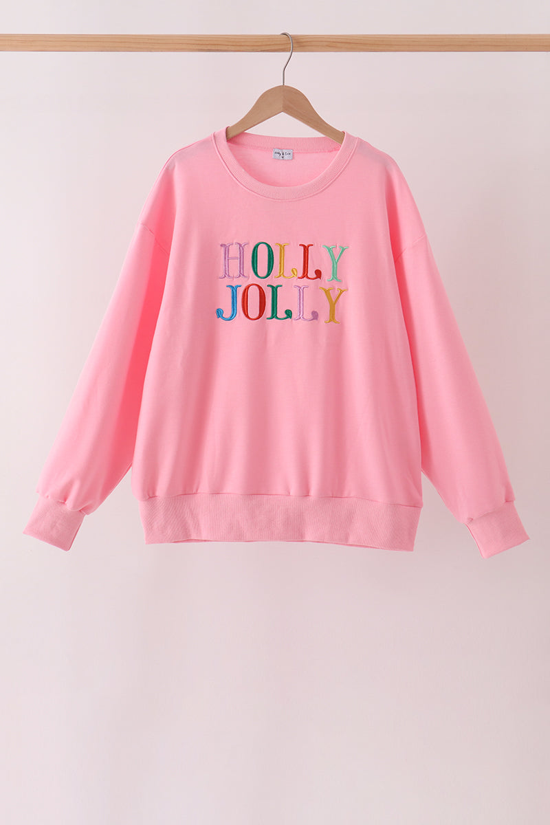 Holly Jolly Embroidery Mom Top