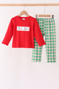 Holly Jolly Embroidery Plaid Pants Set