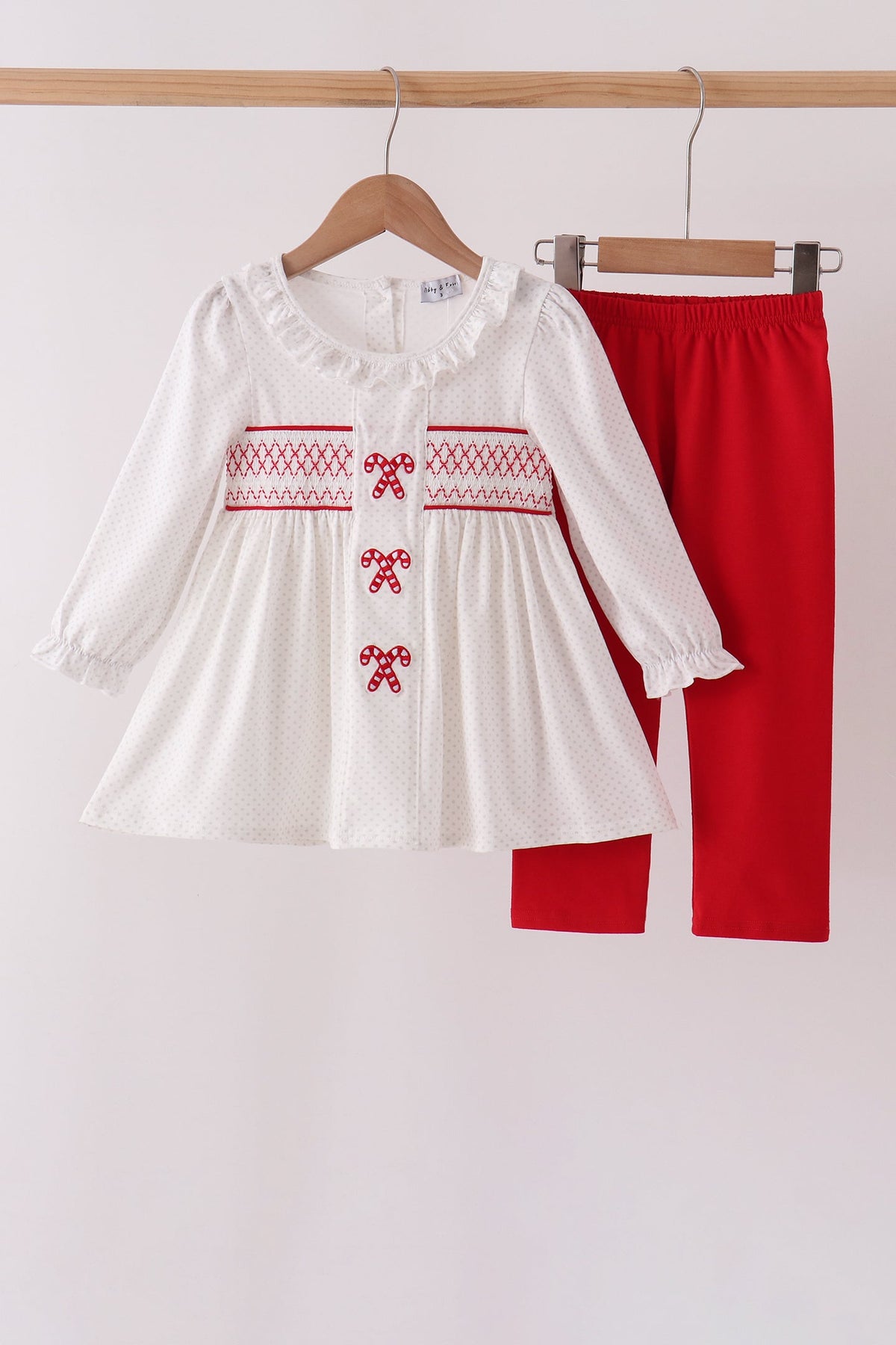 Candy Cane Smocked polka dot Ruffle Pants Set