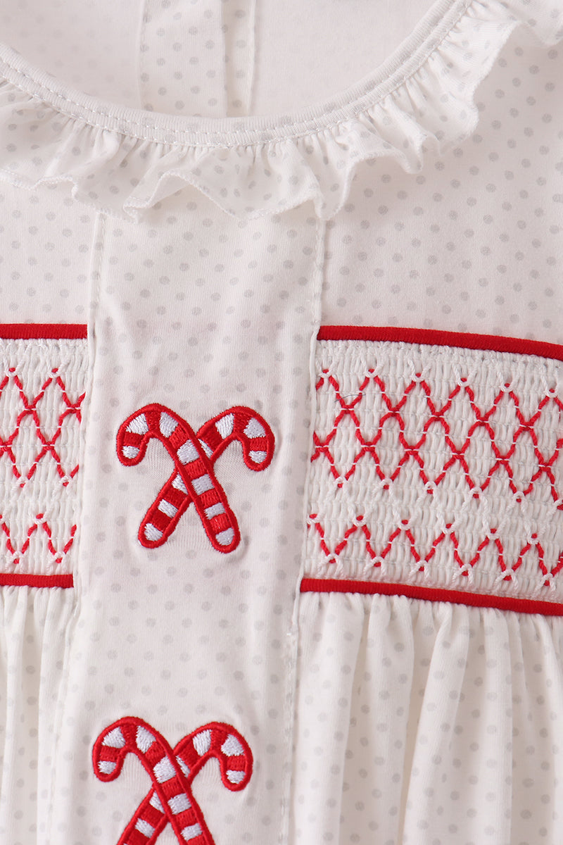 Candy Cane Smocked polka dot Ruffle Pants Set