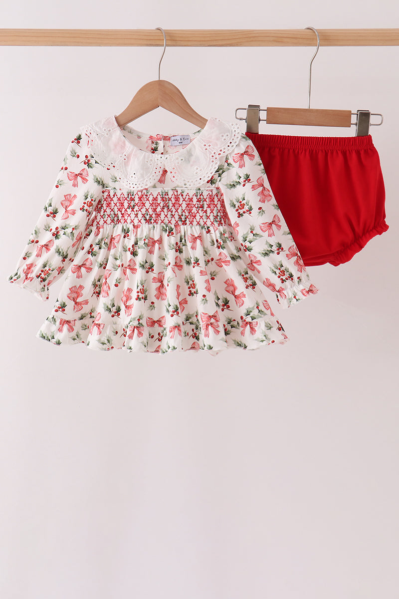 Holly Bow Smocked Lace Bloomer Set