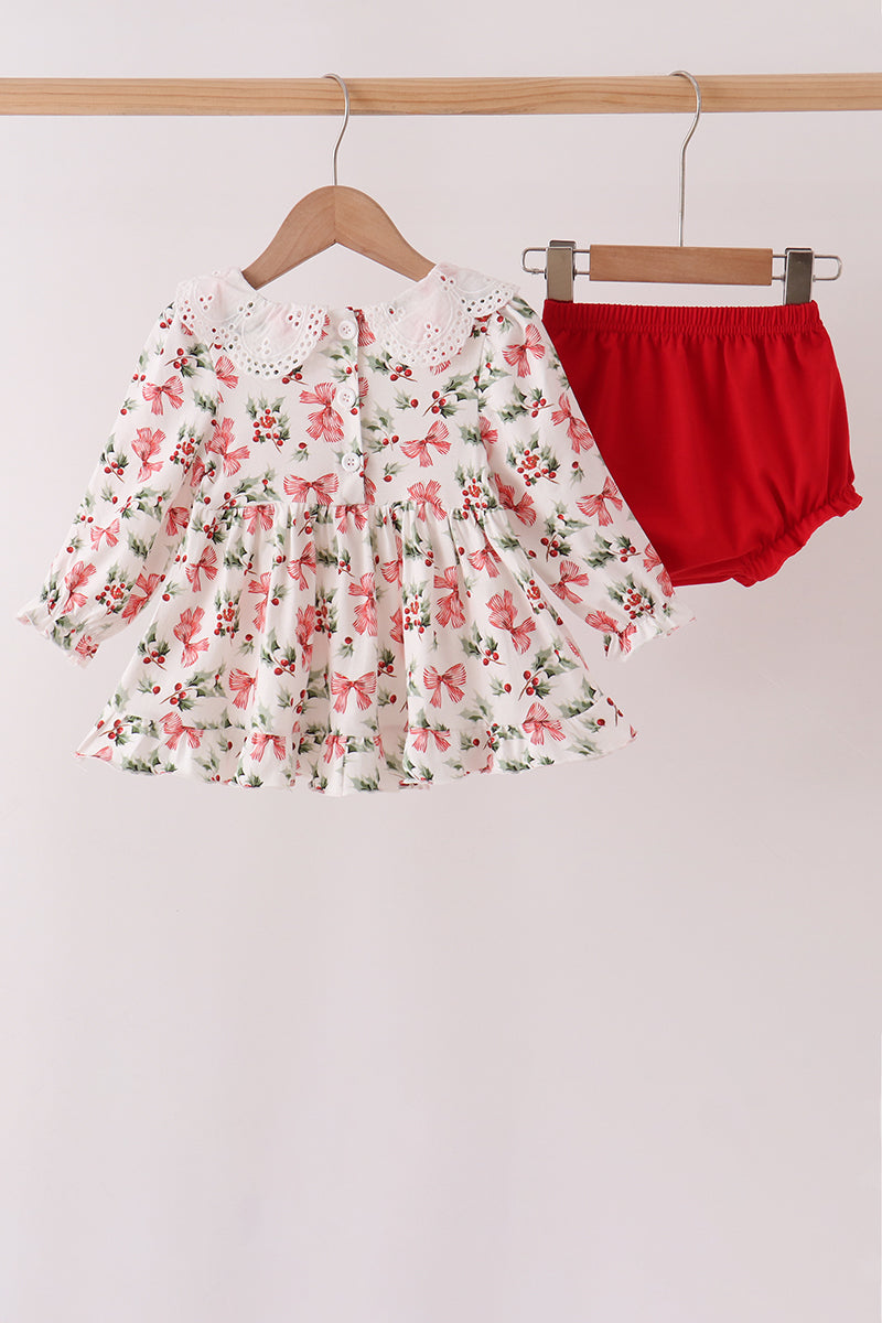 Holly Bow Smocked Lace Bloomer Set