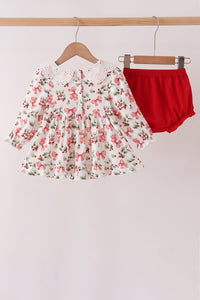 Holly Bow Smocked Lace Bloomer Set