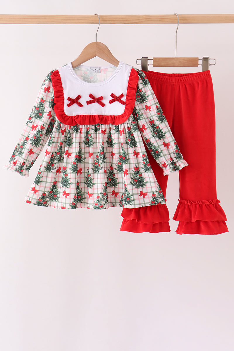 Red Bow Embroidery Velvet Ruffle Pants Set