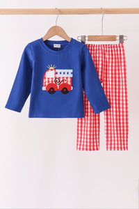 Fire Truck Applique Gingham Pants Set