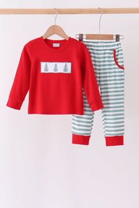 Christmas Tree Embroidery Stripe Pants Set