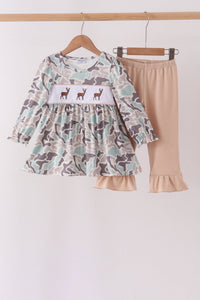 Hunting Deer Embroidery Ruffle Pants Set