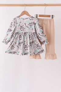 Hunting Deer Embroidery Ruffle Pants Set