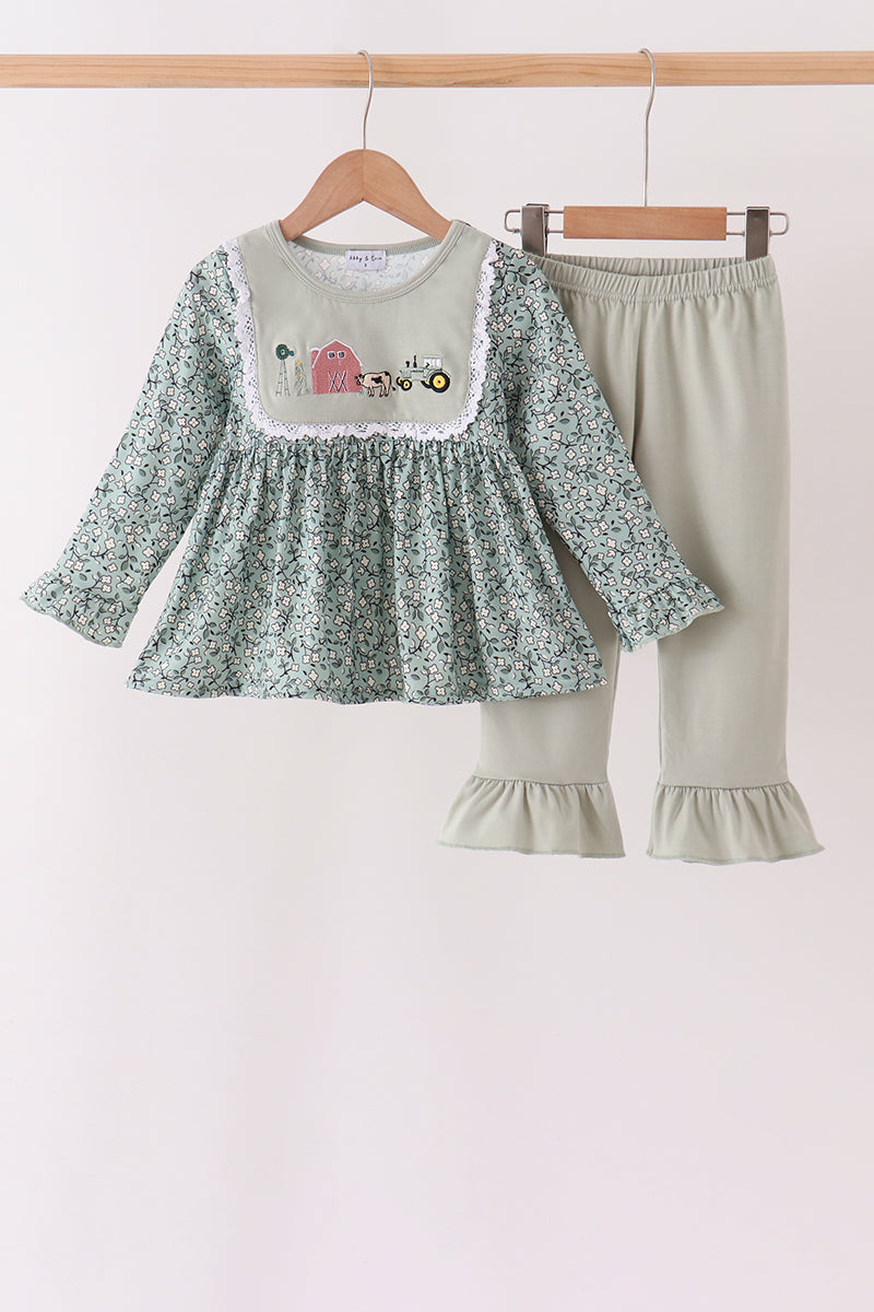 Farm Floral Embroidery Ruffle Pants Set