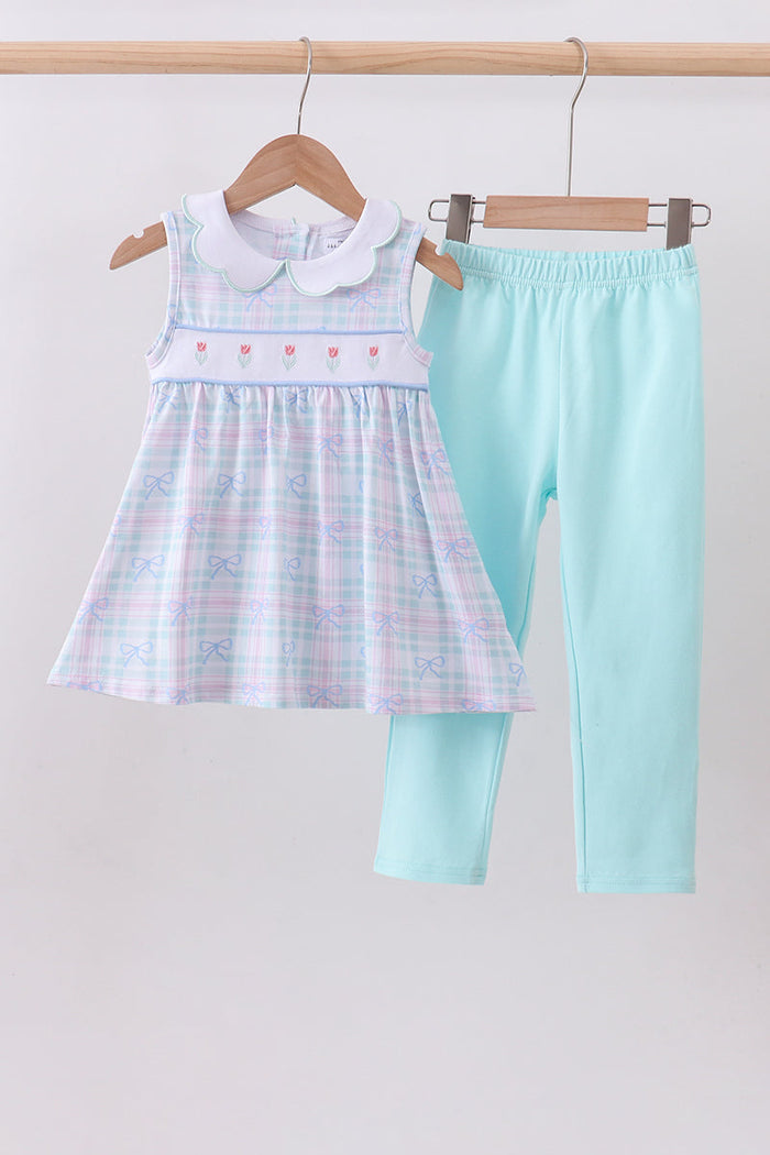 Blue plaid bow floral pants set