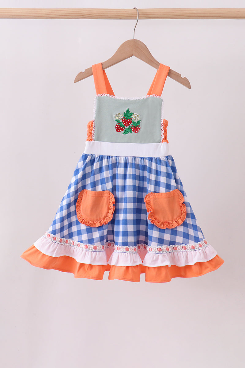 Strawberry embroidery ruffle gingham dress