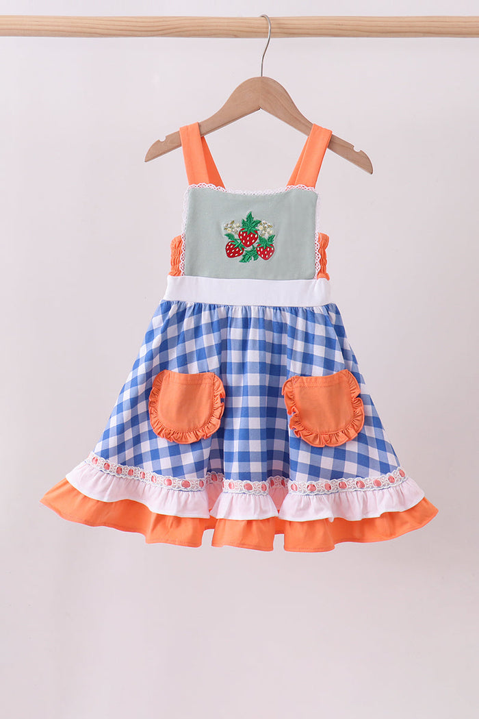 Strawberry embroidery ruffle gingham dress