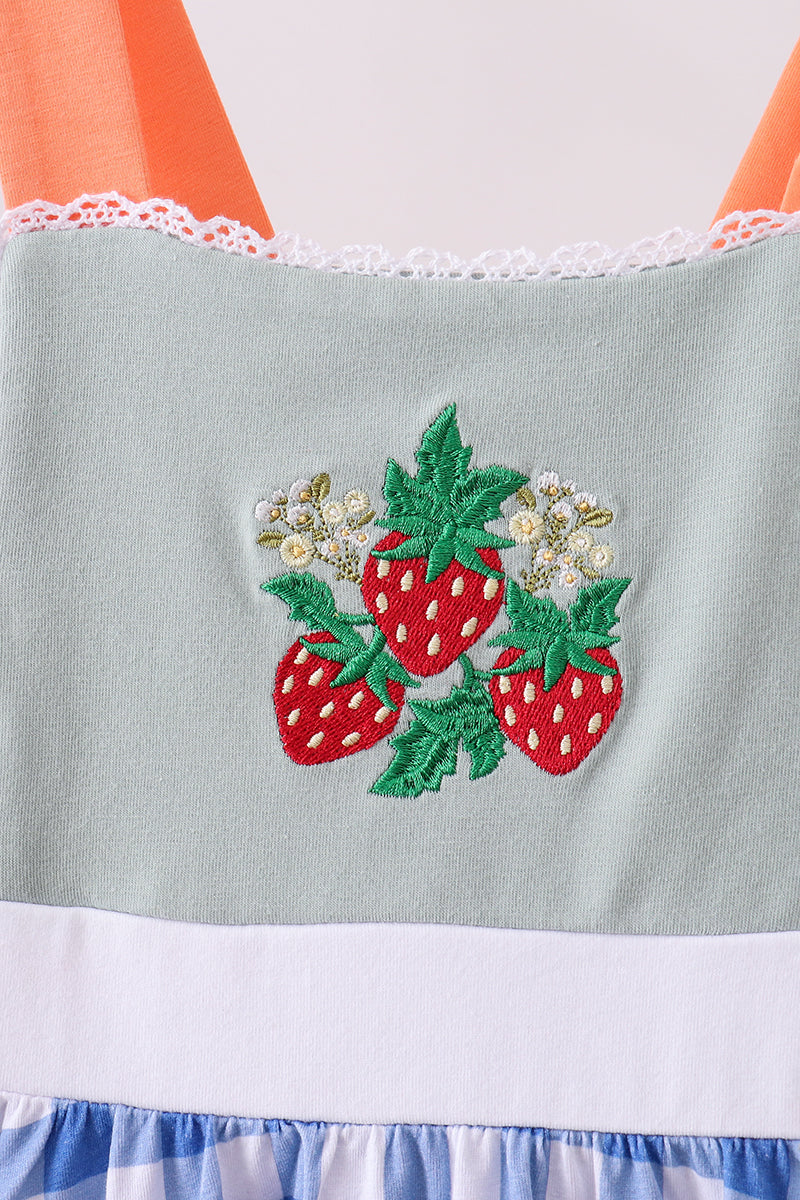 Strawberry embroidery ruffle gingham dress