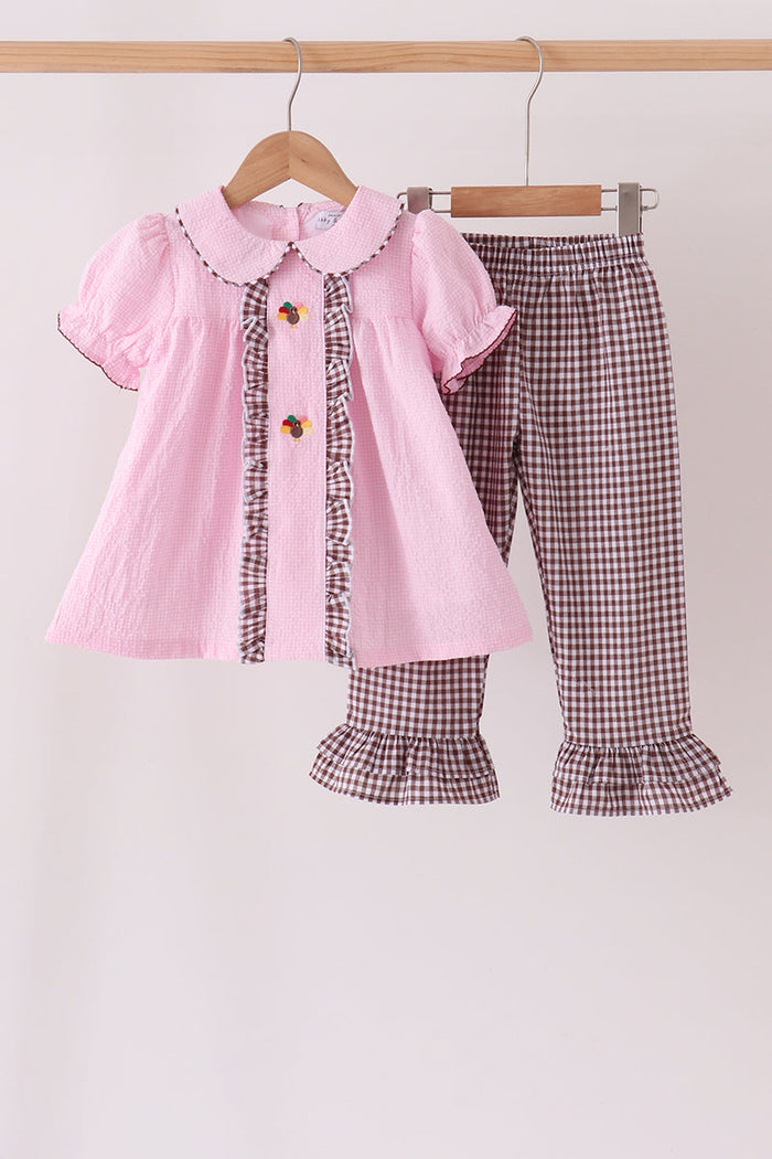 Turkey embroidery ruffle gingham pants set