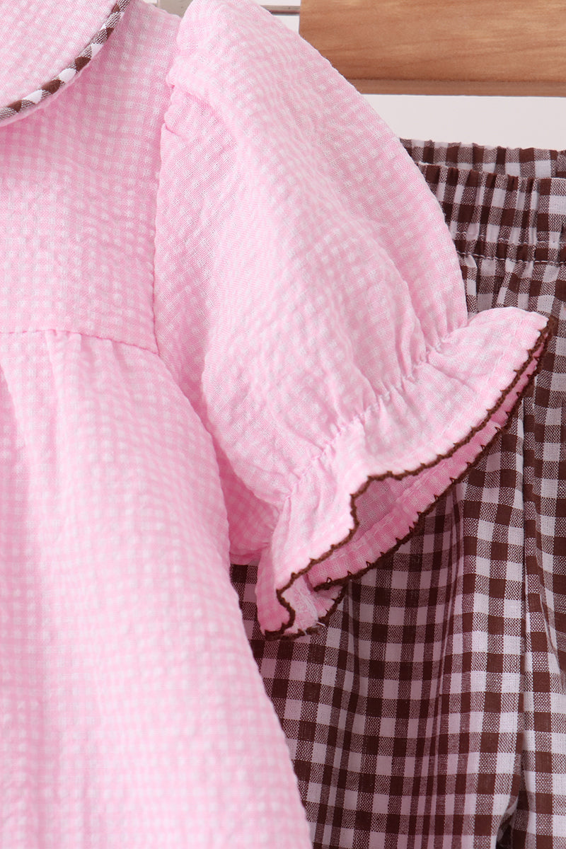 Turkey embroidery ruffle gingham pants set
