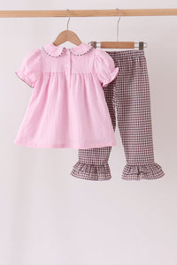 Turkey embroidery ruffle gingham pants set