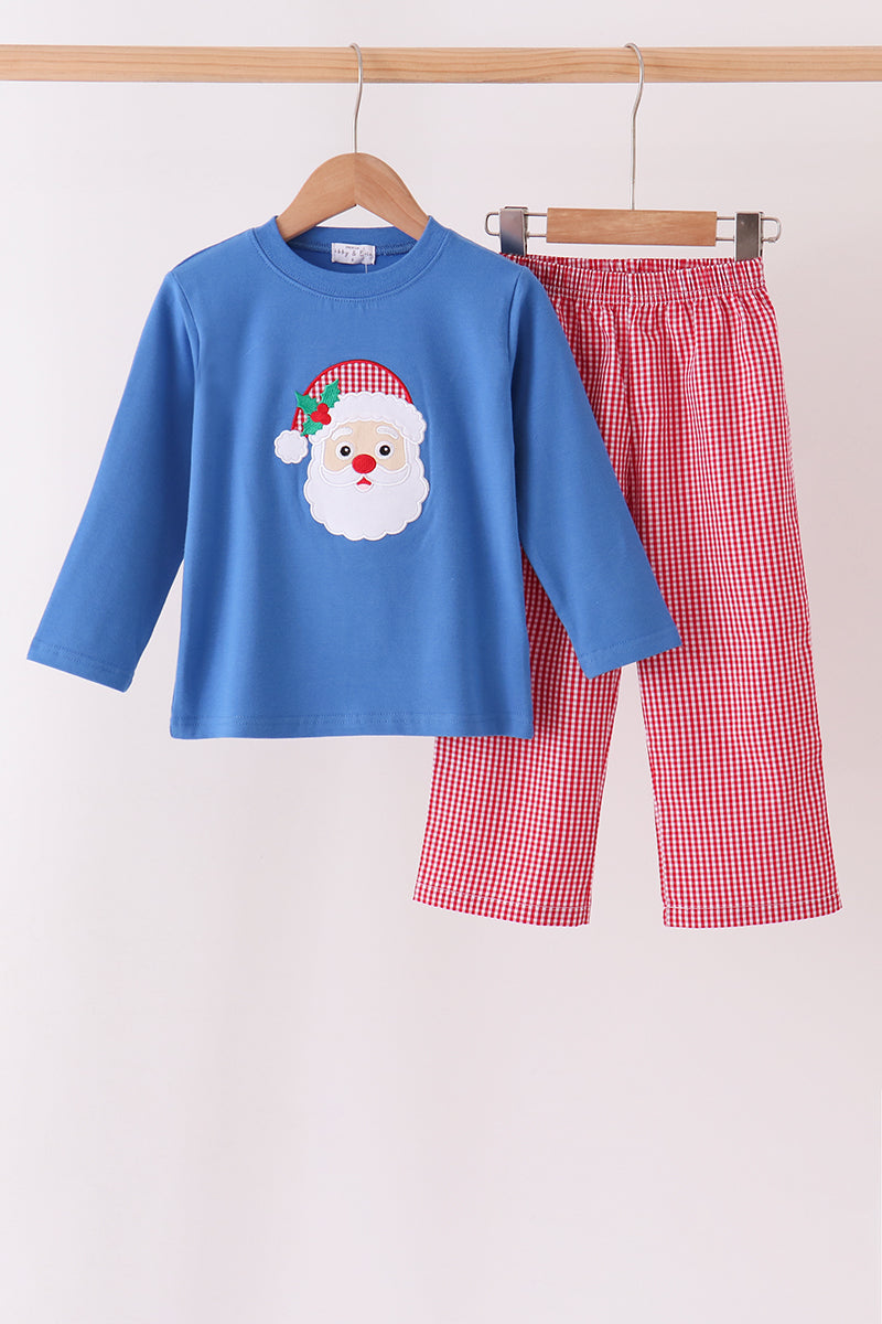 Santa embroidery gingham pants set