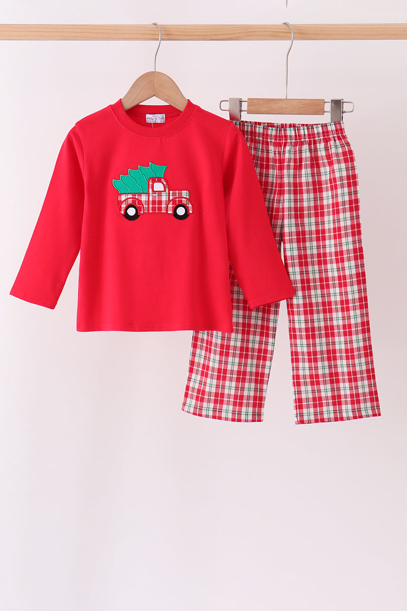 Christmas tree truck embroidery plaid pants set