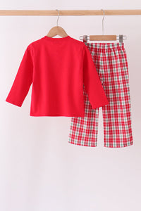 Christmas tree truck embroidery plaid pants set