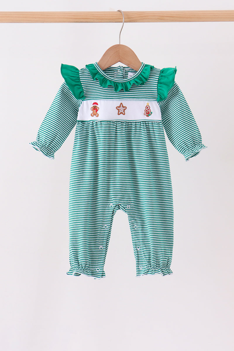Gingerbread embroidery stripe ruffle romper
