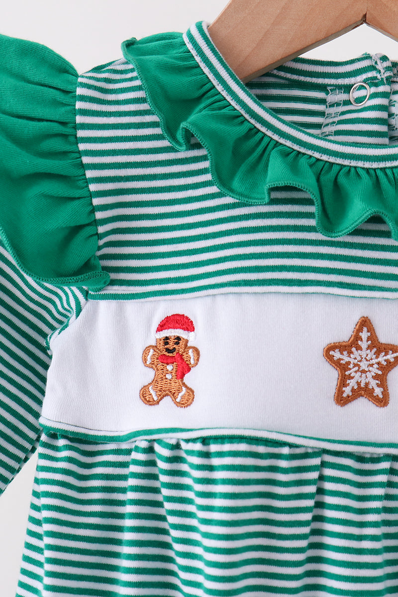 Gingerbread embroidery stripe ruffle romper