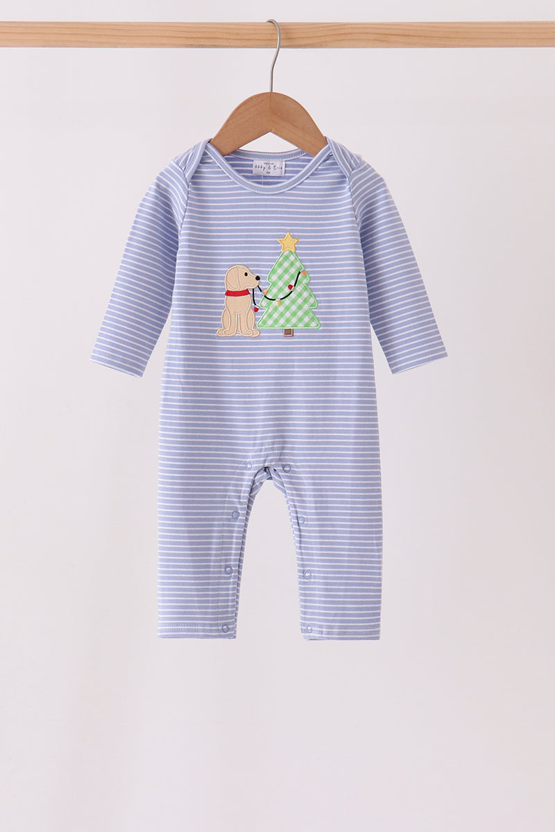 Christmas tree puppy embroidery stripe romper