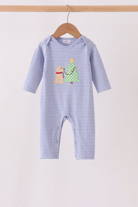 Christmas tree puppy embroidery stripe romper