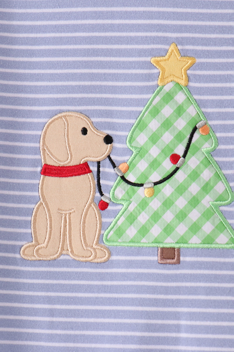 Christmas tree puppy embroidery stripe romper