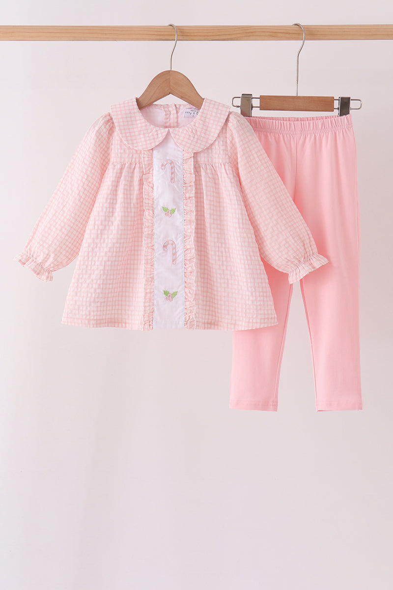 Candy cane holly embroidery plaid pants set