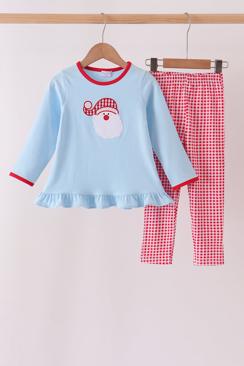 Santa claus embroidery ruffle gingham pants set