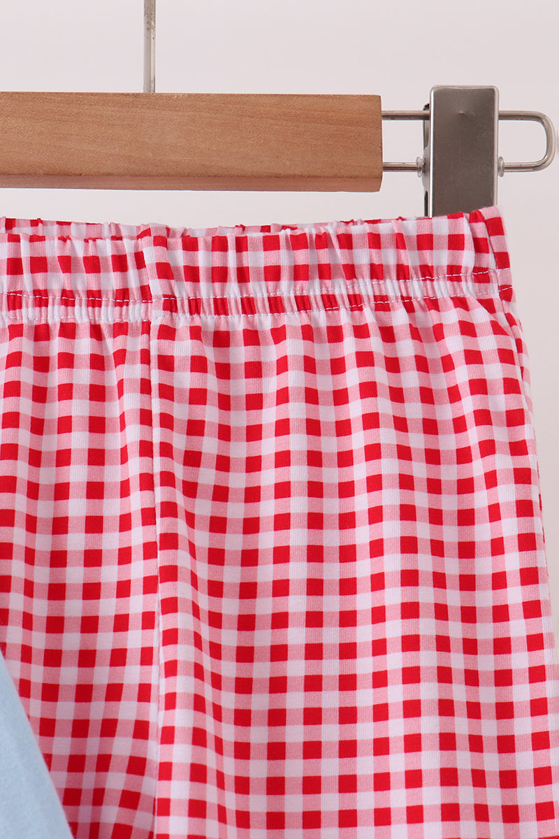 Santa claus embroidery ruffle gingham pants set