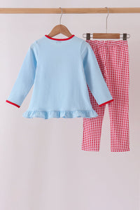 Santa claus embroidery ruffle gingham pants set