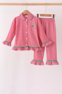 Christmas tree embroidery ruffle pants set