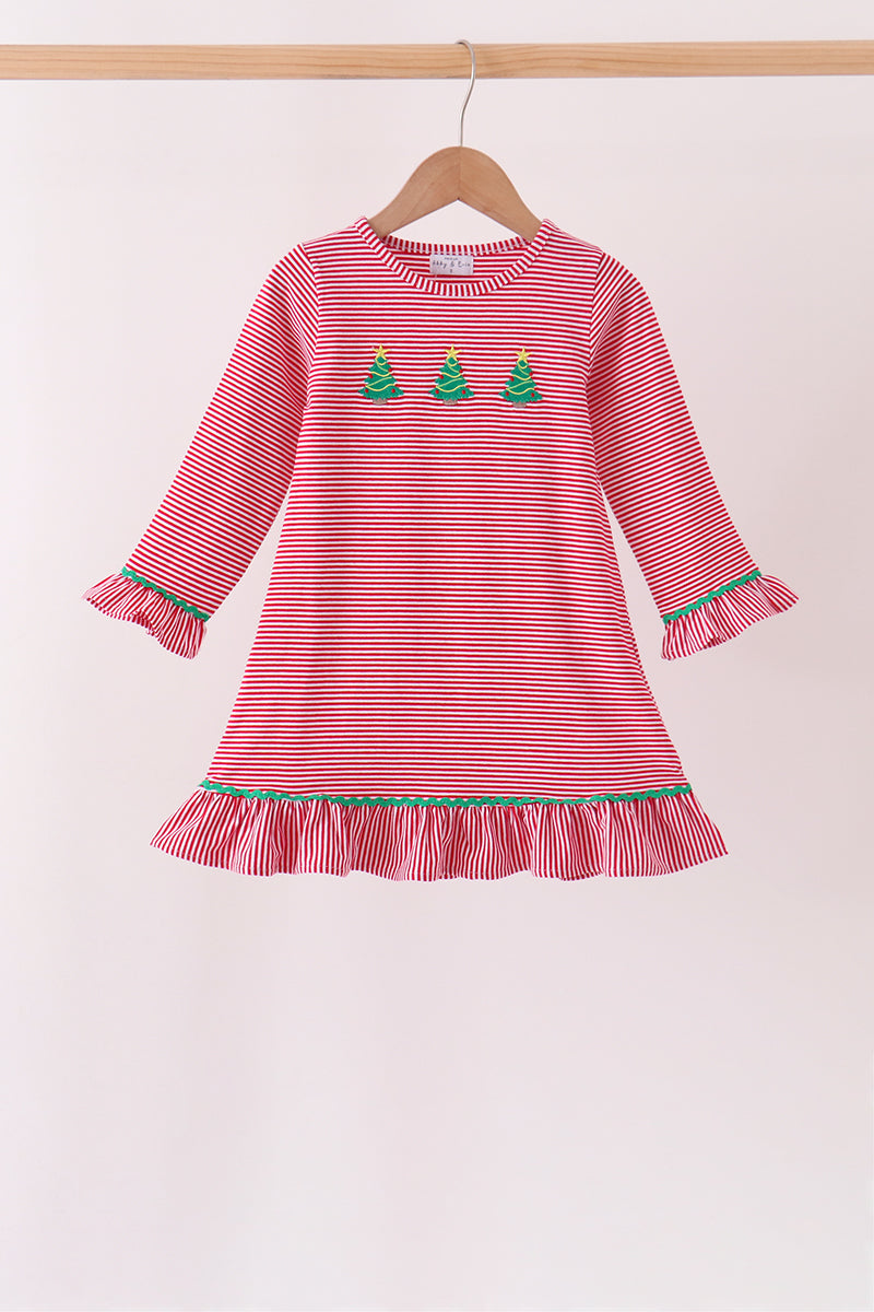 Christmas tree embroidery ruffle dress