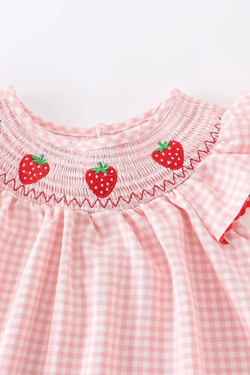 Strawberry Embroidered Plaid Smocked Dress - Essential Southern Charm