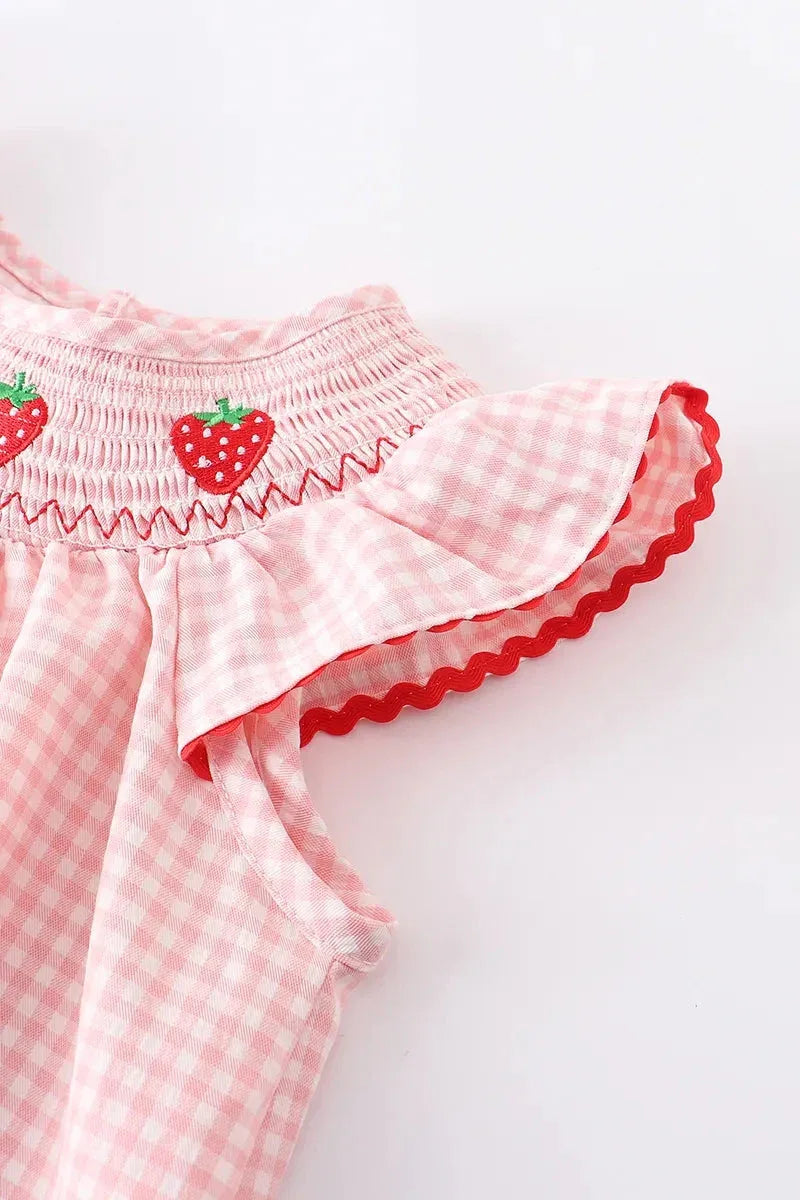 Strawberry Embroidered Plaid Smocked Dress - Essential Southern Charm