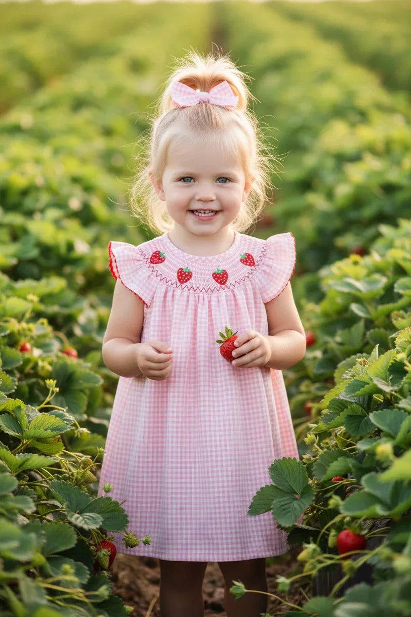 Strawberry Embroidered Plaid Smocked Dress - Essential Southern Charm